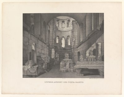 Porta Martis, sedd från insidan Innere Ansicht der Porta Martis (titel på objekt) Utsikt över antikviteter och natur i Triers närhet (serietitel) Malerische Ansichten werkwürdigsten Alterthümer und vorzüglicher Naturanlagen im Moselthale bey av Johann Anton Ramboux