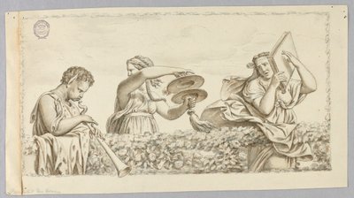 En satyrpojke som spelar flöjt, en flicka med cymbaler, en kvinna med en bok av Johann August Nahl the Younger