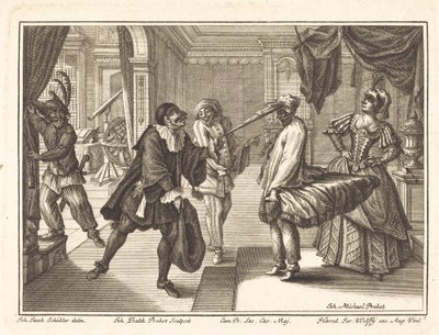 Harlekin i Dr. Polovards hus av Johann Balthasar Probst after Johann Jacob Schübler