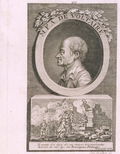 Porträtt av författaren, essäisten och filosofen Francois Marie Arouet de Voltaire 1694-1778 av Johann Balzer