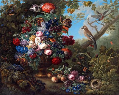 Stort blommigt stilleben med fåglar av Johann Baptist Drechsler