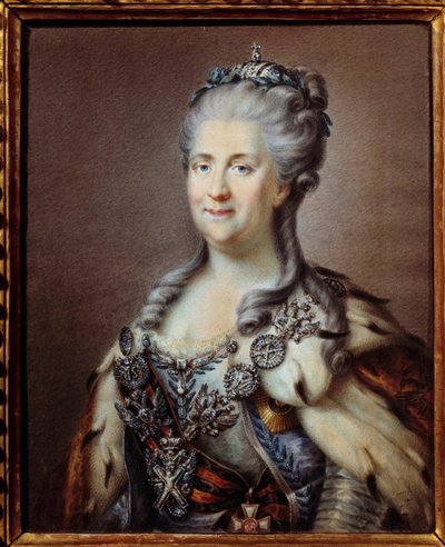 Porträtt av Katarina II (1729-1796) imperatrice av Ryssland med halsbandet av Saint Andre och repet av korset av Saint George Anonym akvarell från 1700-talet, enligt målningen av Johann Baptist von Lampi (1751-1830) Paris, museum av Johann Baptist I (after) Lampi