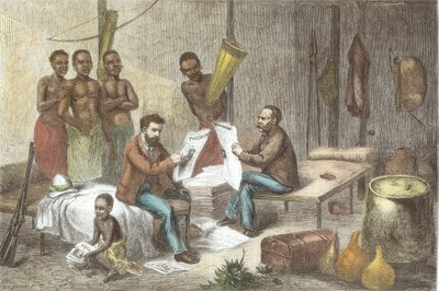 Dr. David Livingstone (1813-73) och Mr. Henry Morton Stanley (1841-1904) tar emot tidningar i Centralafrika, graverade av Pearson (senare färgläggning) av Johann Baptist Zweecker