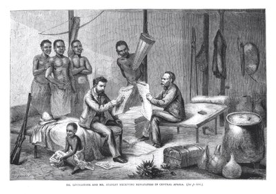 Dr. David Livingstone (1813-73) och Mr. Henry Morton Stanley (1841-1904) tar emot tidningar i Centralafrika, graverade av Pearson av Johann Baptist Zweecker