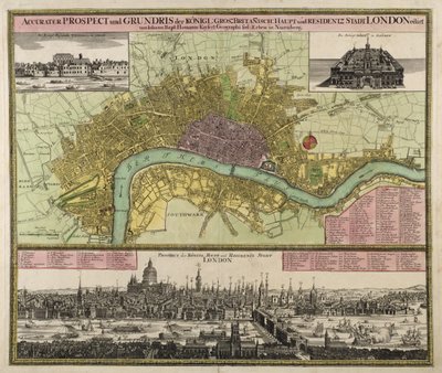 Karta och utsikt över London, ca 1710 (handfärgad gravyr) av Johann Baptista Homann