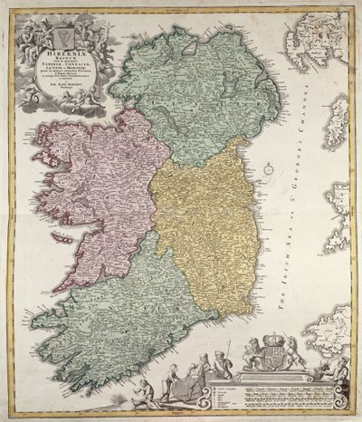 Karta över Irland som visar provinserna Ulster, Munster, Connaught och Leinster, av Johann B. Homann, ca 1730 (handfärgad gravyr) av Johann Baptista Homann