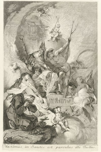 Het Christuskind als Salvator Mundi met verscheidene heiligen en paus Clemens XIII Den störste bland helgonen är den lille pojken (titel på föremålet) av Johann Beheim