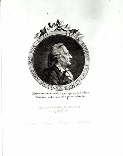 Medaljongporträtt av Giacomo Casanova (1725-98) 63 år, 1788 (gravyr) (bw-foto) av Johann Berka