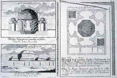 Plan, höjd och tvärsnitt av Imperial Baths, Budapest, Ungern, från "Blueprint of a historical architecture" av Johann Bernhard (after) Fischer von Erlach