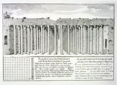 Cistern under Hippodromen, Konstantinopel, Turkiet, från "Entwurf einer historiska arkitektur", 1721 av Johann Bernhard Fischer von Erlach