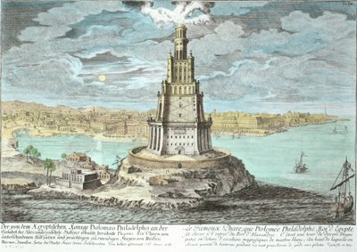 Fyren i Alexandria, byggd av Ptolemaios den store (36-efter 30 f.Kr.), Egypten, från Entwurf einer historischen Architektur, graverad av Johann Adam Delsenbach (1687-1765) 1721 (senare färg av Johann Bernhard Fischer von Erlach