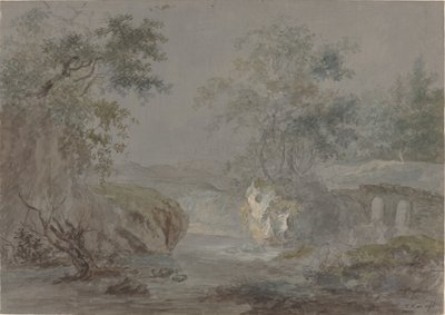 Skogbevuxna klippor längs en flodstrand av Johann Caspar Huber