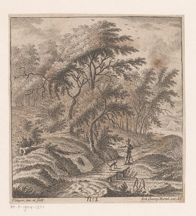Man med en hund som går längs en skogsbryn av Johann Caspar Ulinger