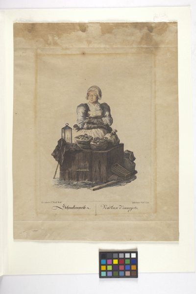 Schneckenweib Or Vendeuse Des Escargots (Snigelförsäljare) (handfärgad etsning) av Johann Christian (after) Brand