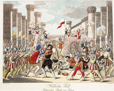 Historisk balett av Henrik, scen ur "William Tell" av Gioachino Rossini, graverad av Geiger (färggravyr) av Johann Christian (after) Schoeller
