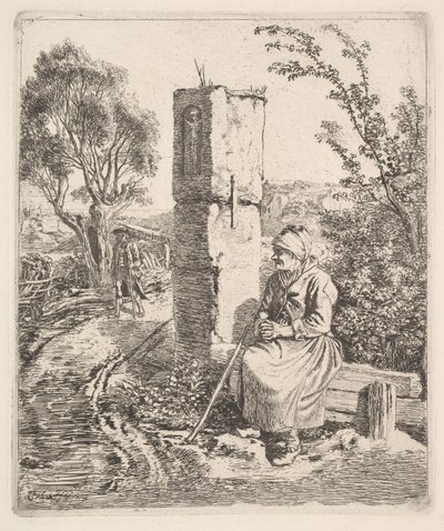 En gammal dam som sitter nära en pelare vid Side of Road, 1819. av Johann Christian Erhard