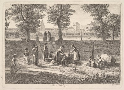 Utomhusscen för kvinnor i inhemska aktiviteter i Nurnberg, 1800-talet. av Johann Christian Erhard