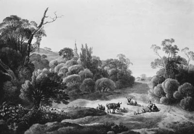 Landskap med boskap och herde par av Johann Christian Klengel