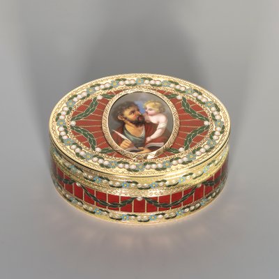 Snusdosa, Dresden, ca 1775-80, miniatyren Genève, ca 1800 (saxisk hårdsten, guld och emalj) av Johann Christian Neuber