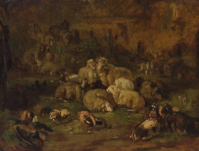 Får, getter och höns (olja på papper på duk) av Johann Christian Reinhardt