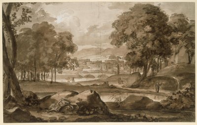 Stort skogslandskap med antik stad och staffagefigurer av Johann Christian Reinhart