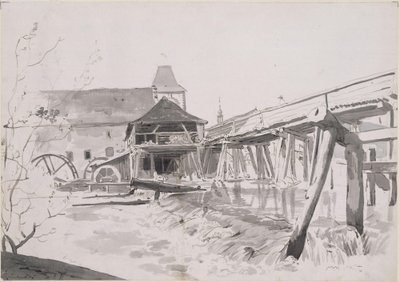 Träbro med dammbyggnad och vattenkvarn av Johann Christian Reinhart
