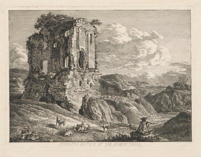 Landskap med en antik grav, getter till höger och en herde som spelar flöjt av Johann Christian Reinhart