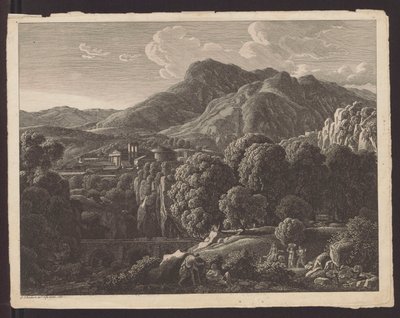 Bergslandskap med en stad med klassisk arkitektur i bakgrunden av Johann Christian Reinhart