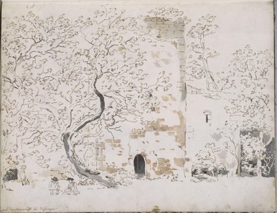 Två tecknare framför ett slott bakom träd: på Maienlust nära Wasungen av Johann Christian Reinhart