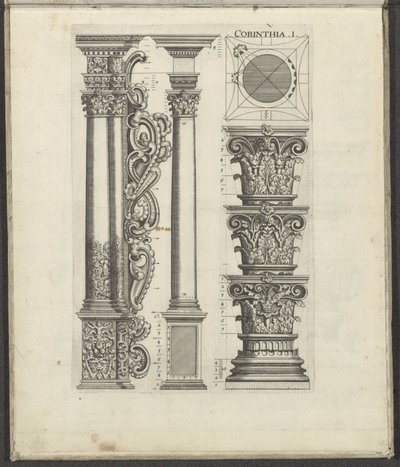 Kolumner och versaler i den korintiska ordningen Corinthia .I. (titel på objekt) Five Orders of Architecture (serietitel) av Johann Christoph Feinlein