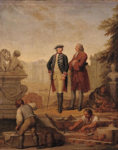 Kung Fredrik II av Preussen (1712-86) och markisen av Argens (1704-1771) inspekterar bygget av Sanssouci i Potsdam av Johann Christoph Frisch