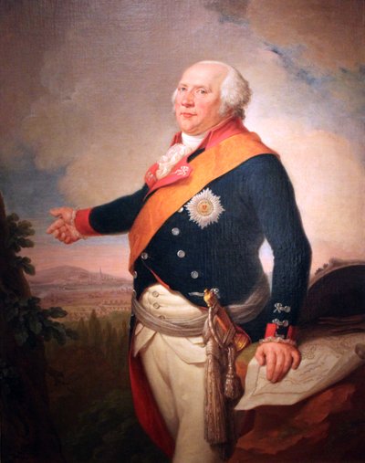 Porträtt av kung Fredrik Vilhelm II av Preussen (1744-1797) med en stjärna av den preussiska Svarta örnen-orden, vänster hand vilande på en karta över Frankfurt, landskap med den preussiska armén i läger utanför Frankfurt av Johann Christoph Frisch