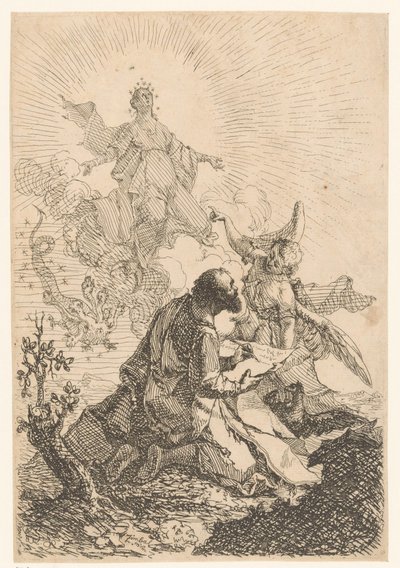 Johannes har en vision på Patmos där den heliga jungfrun dödar den sjuhövdade draken av Johann Cimbal