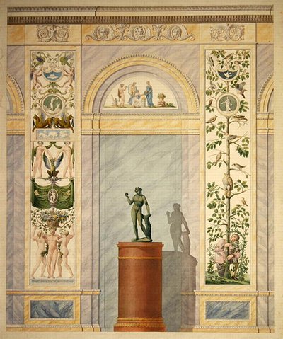 Ritning av dekorationen för den bakre väggen i Slottets matsal i Kassel (penna & akvarell på papper) av Johann Conrad Bromeis