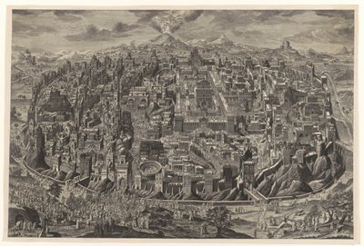 Översiktskarta i fågelperspektiv över Jerusalem med representationer av Kristi lidande av Johann Daniel Herz (I)