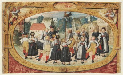 Miniatyr av en barnlek: barn som dansar runt tuppen av Johann Daniel Schmied