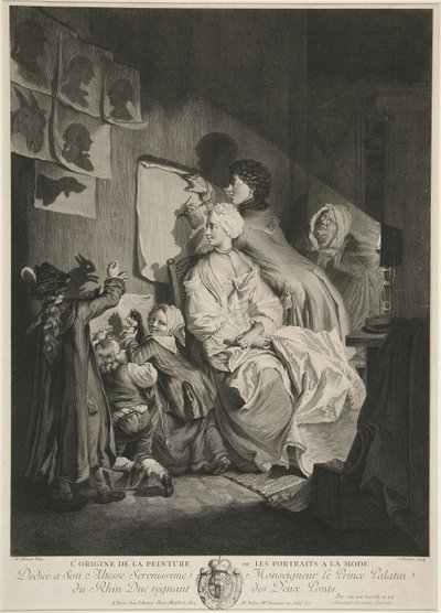 Ursprunget till målning, eller fashionabla porträtt; pub. 1767 av Johann Eleazar Schenau