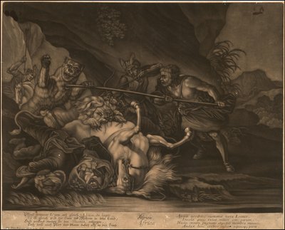 Ca. 1770 allegorisk mezzotint av Afrika av Johann Elias Ridinger