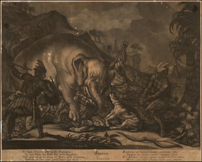 Ca. 1770 allegorisk mezzotint av Amerika av Johann Elias Ridinger
