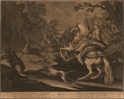 Ca. 1770 allegorisk mezzotint av Europa av Johann Elias Ridinger