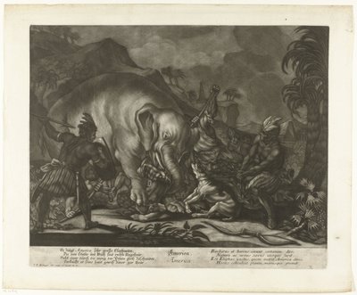 Elefantjakt Amerika (titel på objekt) av Johann Elias Ridinger