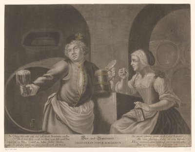 Man och kvinna dricker öl och konjak Öl och Brandewein / Cerevisia et vinum sublimatum av Johann Elias Ridinger