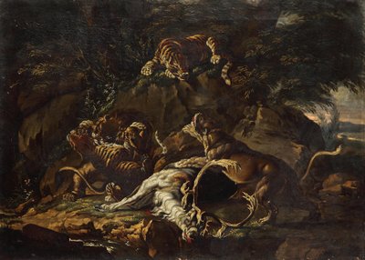 Rovdjur och en söndersliten hjort av Johann Elias Ridinger