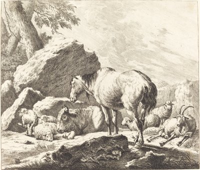 En häst, buffel, får och get i ett italienskt landskap av Johann Elias Ridinger after Johann Heinrich Roos