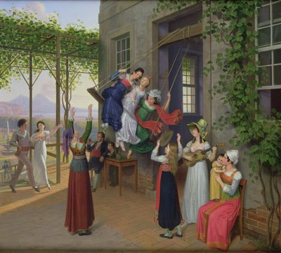 Ungdomar som leker på en gunga i en trädgård nära Neapel, 1823 av Johann Erdmann Hummel