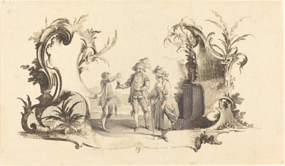 Cartouche Moderne med ett ungt par som serveras vin av Johann Esaias Nilson