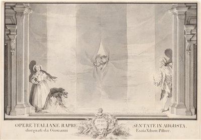Två skådespelare kikar genom en teatergardin medan andra förbereder fotljuset av Johann Esaias Nilson