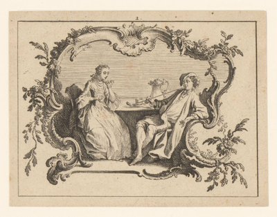 Kvinna och piprökande man vid ett bord i en kartusch Smokers on rokoco ornament (serietitel) av Johann Esaias Nilson