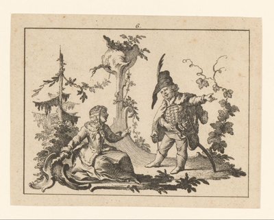 Sittande kvinna med en stående man med en pipa bredvid sig på en rokokostrydnad Smokers on rokoco ornament (serietitel) av Johann Esaias Nilson