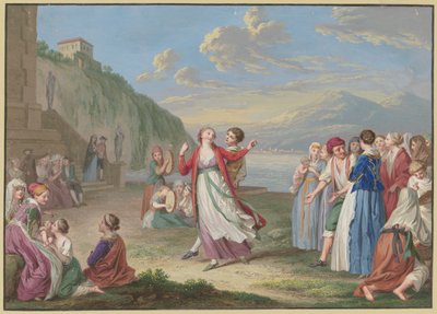 Italienska lantbor roar sig med lek och dans vid sjöstranden, med höga berg i bakgrunden av Johann Friedrich August Tischbein